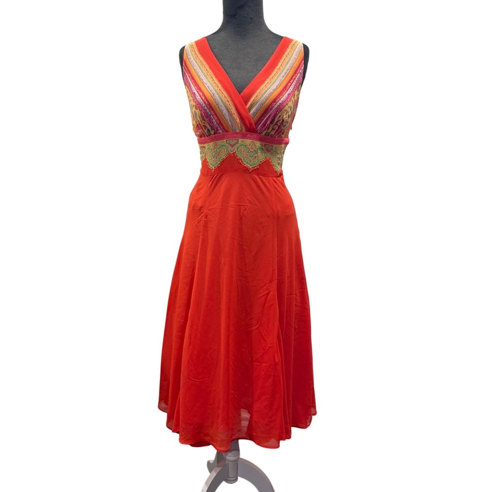 Bandolino Women‎ Orange Paisley Boho Beaded Empire Waist Midi Dress Size 10